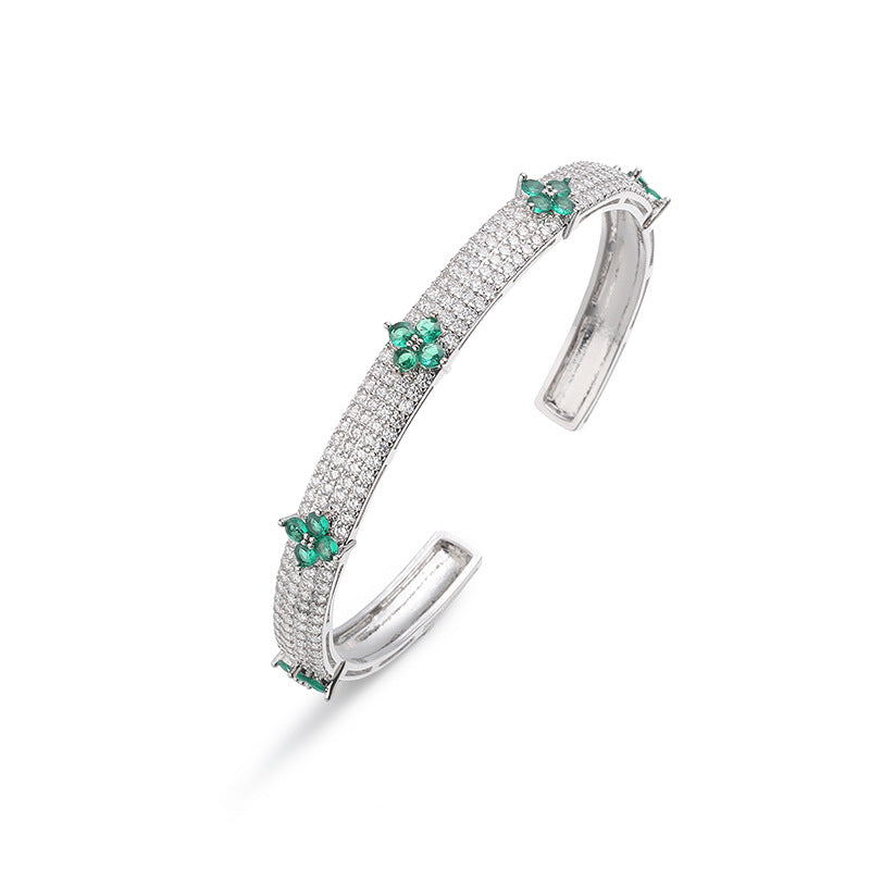 Gold And Green Diamond Four-leaf Clover Bracelet Gold-plated Copper And Diamond-encrusted Four-leaf Clover Bracelet