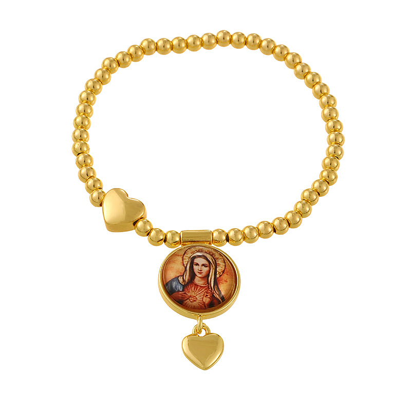 Gold 1 Round Religious Figure Heart Beaded Bracelet