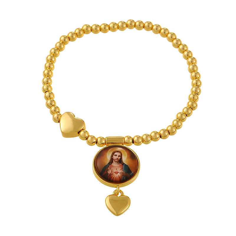 Gold 1 Round Religious Figure Heart Beaded Bracelet