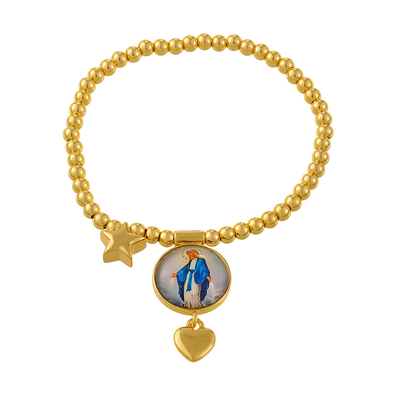 Gold 1 Round Religious Figure Heart Beaded Bracelet