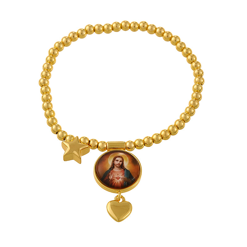 Gold 1 Round Religious Figure Heart Beaded Bracelet