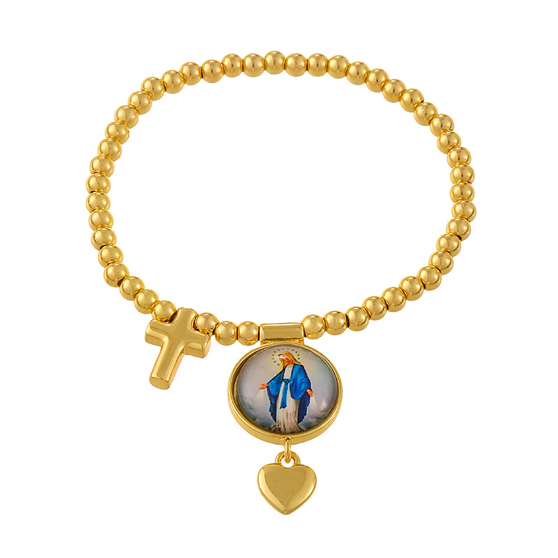 Gold 1 Round Religious Figure Heart Beaded Bracelet