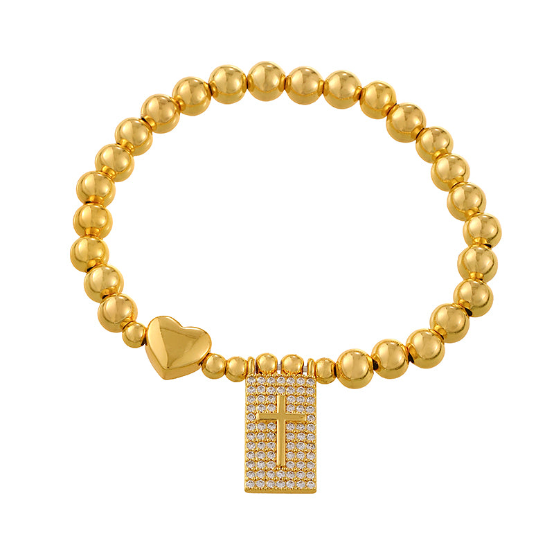 Gold 1 Copper-set Zircon Heart-shaped Square Cross Beaded Bracelet