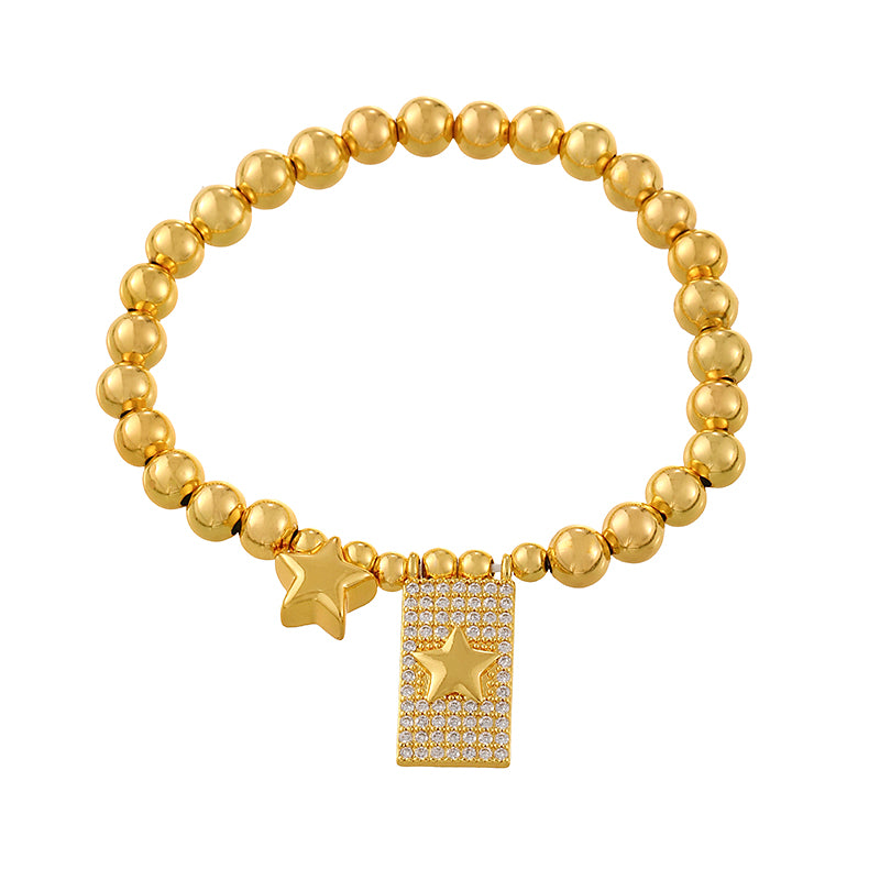 Gold 1 Copper-set Zircon Heart-shaped Square Cross Beaded Bracelet