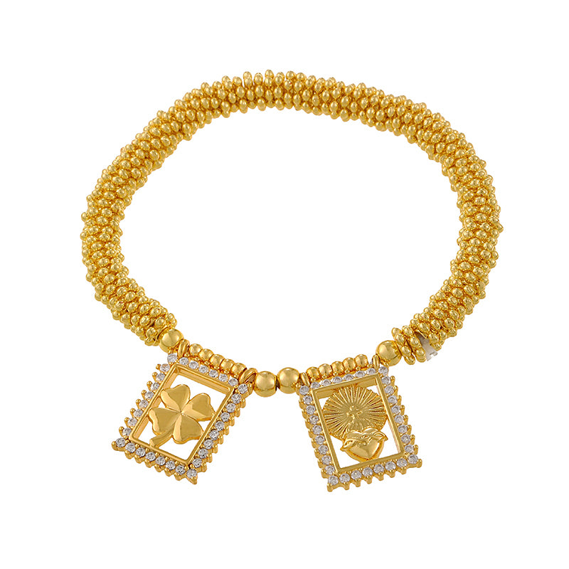 Gold 1 Copper-set Zircon Square Letter Fe Heart Beaded Bracelet