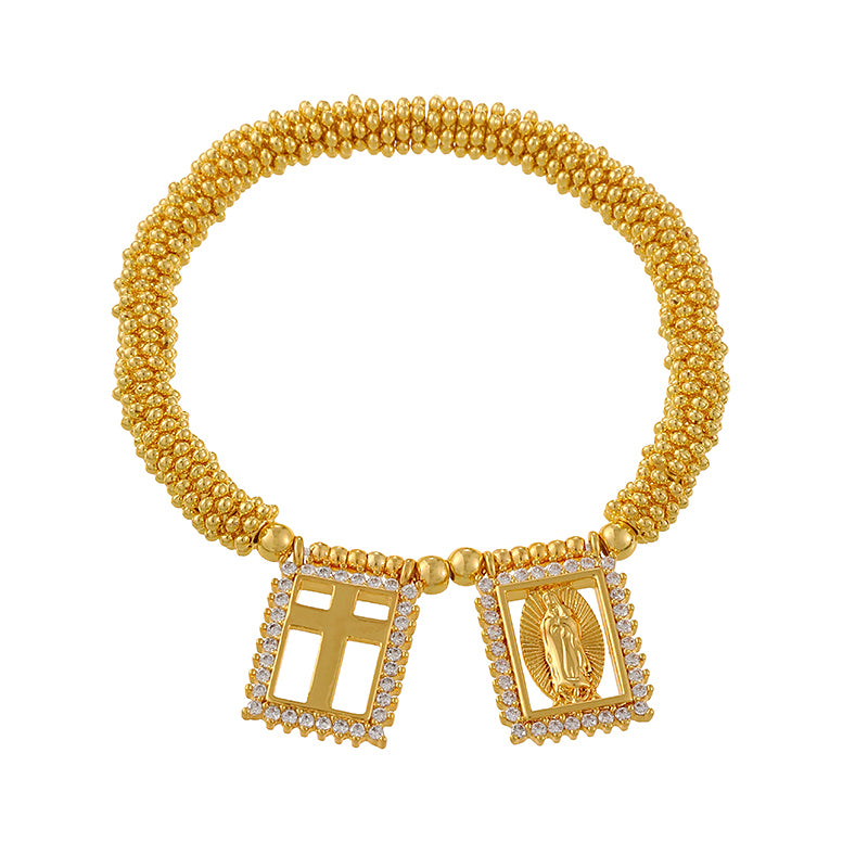 Gold 1 Copper-set Zircon Square Letter Fe Heart Beaded Bracelet