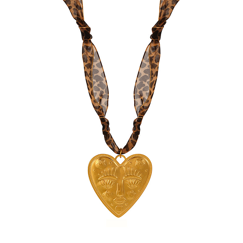 Gold 1 Titanium Steel Heart-shaped Face Leopard Print Mesh Necklace