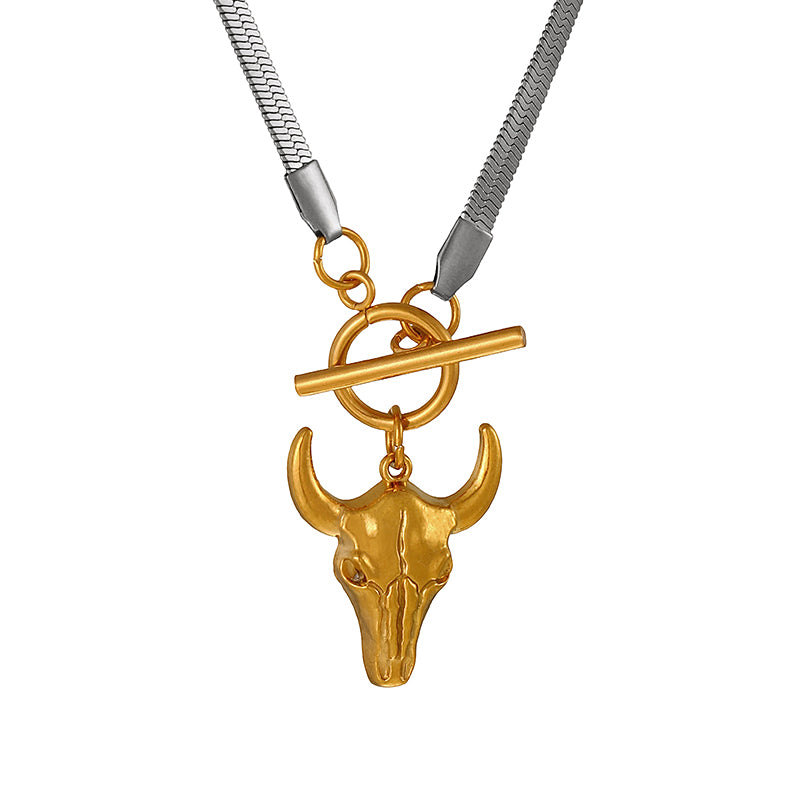 Gold Titanium Steel Bull's Head Ot Buckle Snake Bone Chain Necklace
