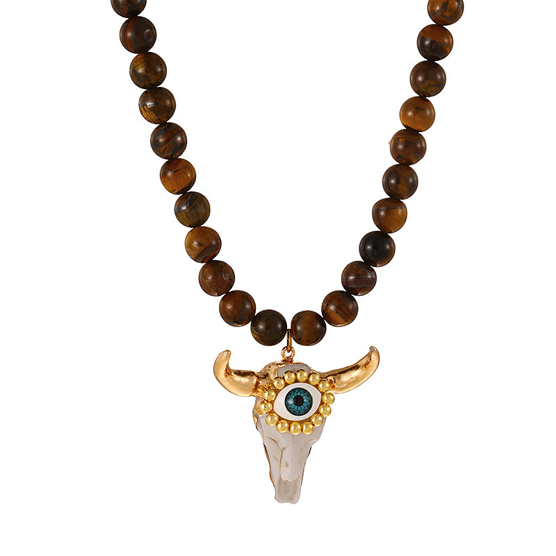 White Resin Bull's Head Copper Bead Eye Natural Stone Necklace