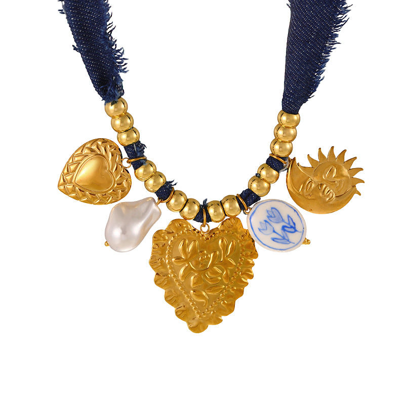 Gold Titanium Steel Heart-shaped Ceramic Flower Denim Beaded Necklace