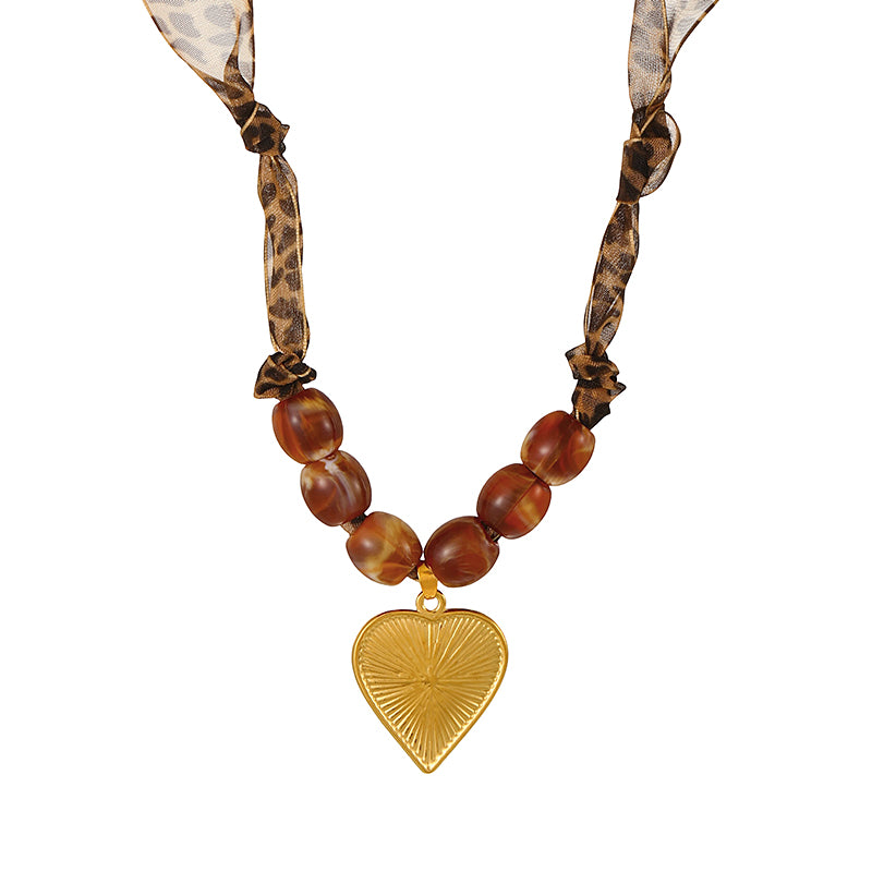 Brown 1 Titanium Steel Heart-shaped Resin Beaded Leopard Print Mesh Necklace
