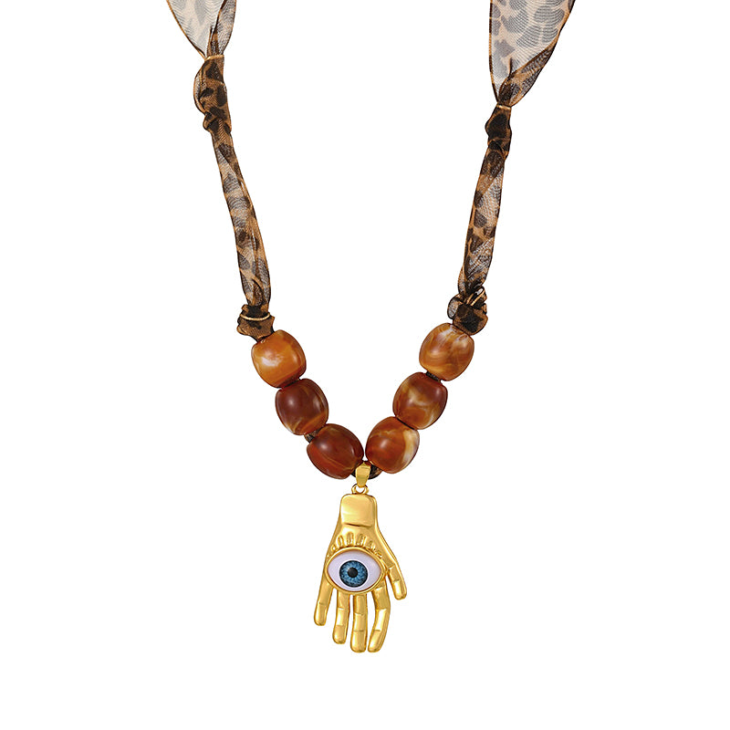 Brown 1 Titanium Steel Heart-shaped Resin Beaded Leopard Print Mesh Necklace