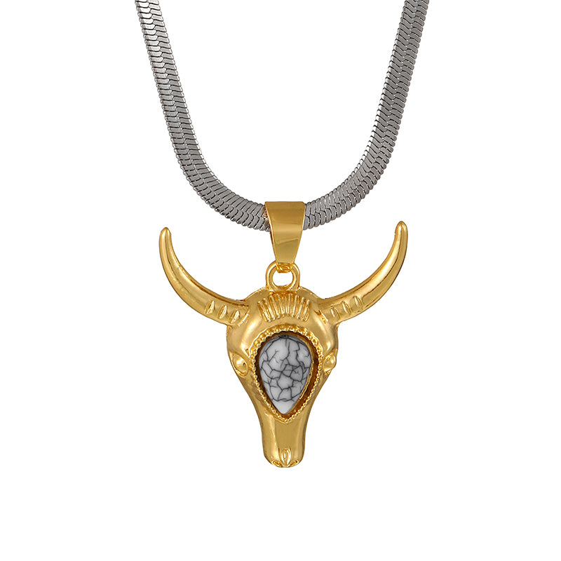 Gold And Silver 1 Turquoise Bull's Head Titanium Steel Snake Bone Chain Color-block Necklace