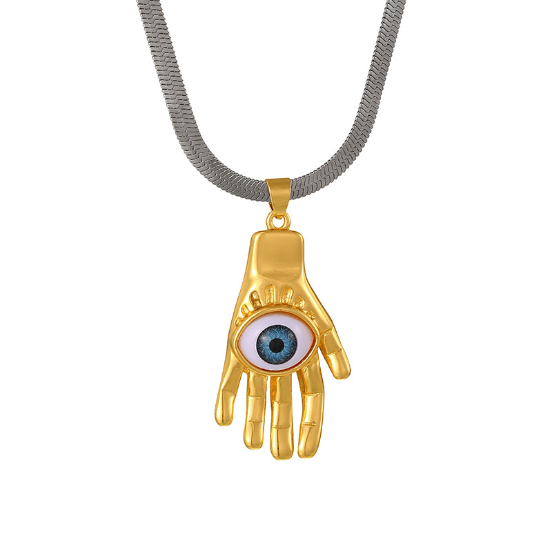 Gold And Silver 1 Turquoise Bull's Head Titanium Steel Snake Bone Chain Color-block Necklace