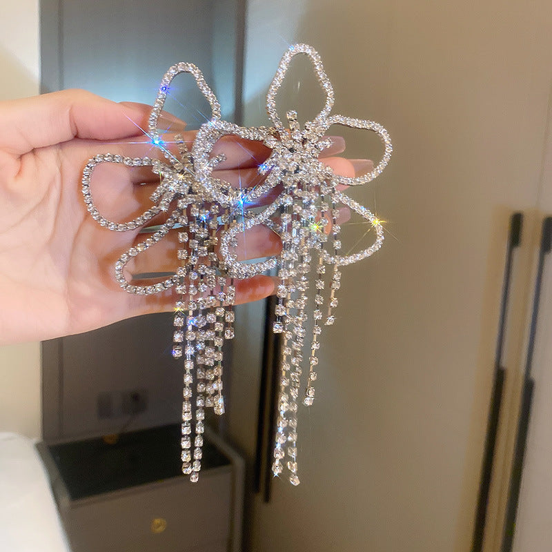 #1 Silver Needle - Silver Diamond-studded Tassel Metal And Diamond Tassel Earrings