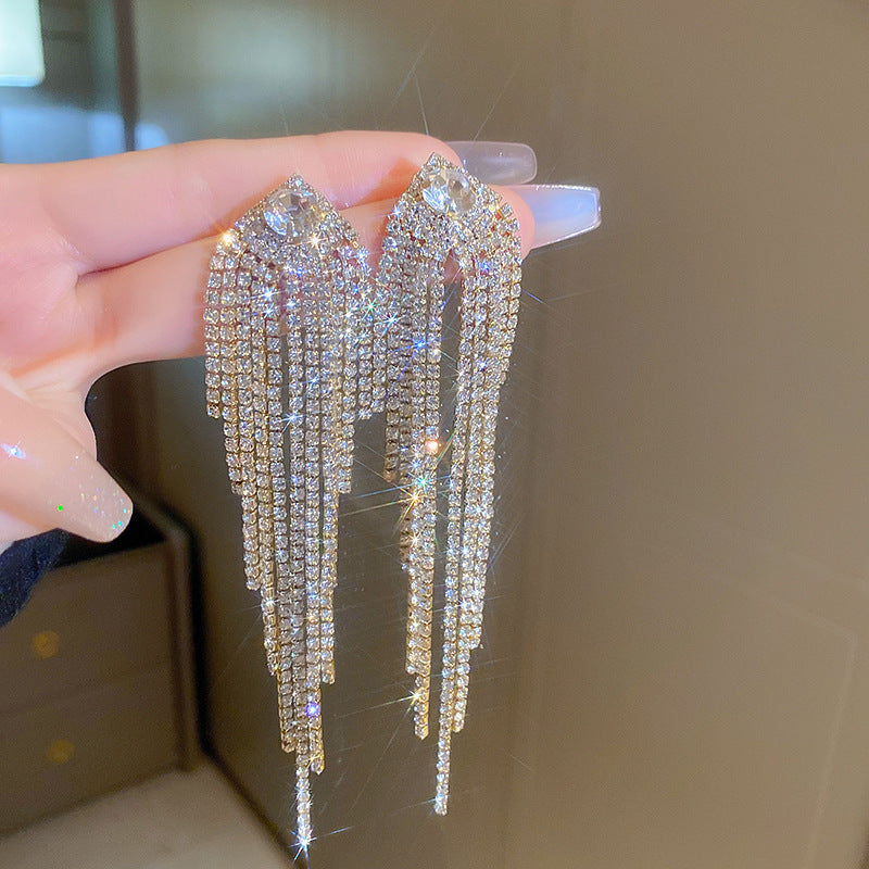 #1 Silver Needle - Silver Diamond-studded Tassel Metal And Diamond Tassel Earrings