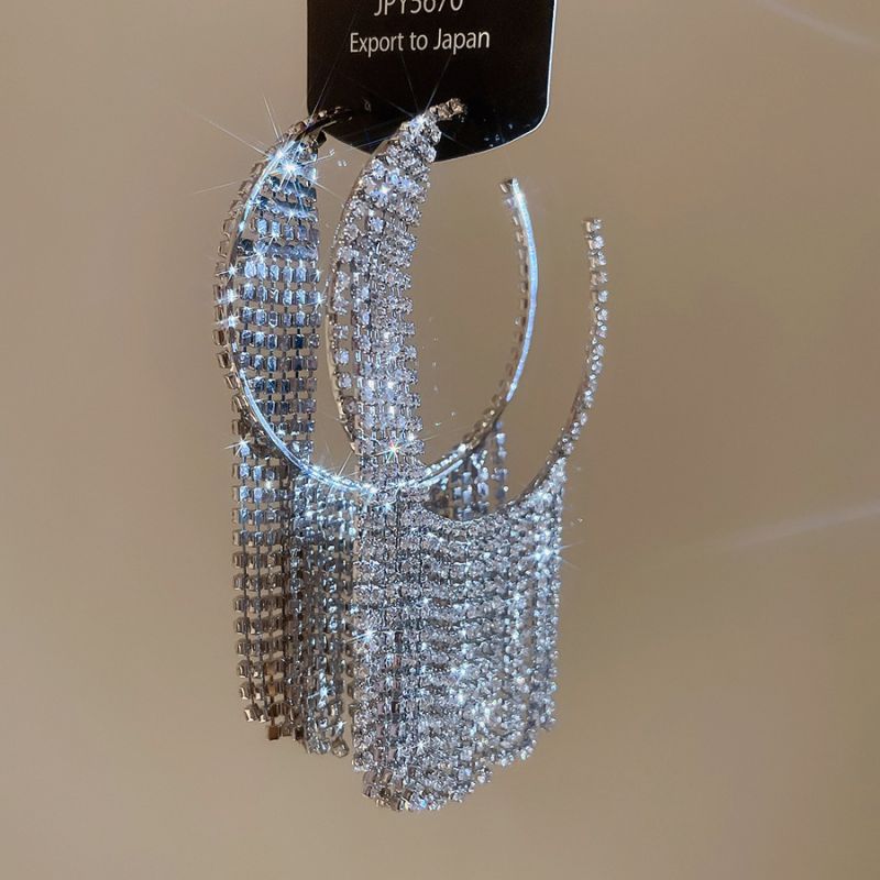 #1 Silver Needle - Silver Diamond-studded Tassel Metal And Diamond Tassel Earrings