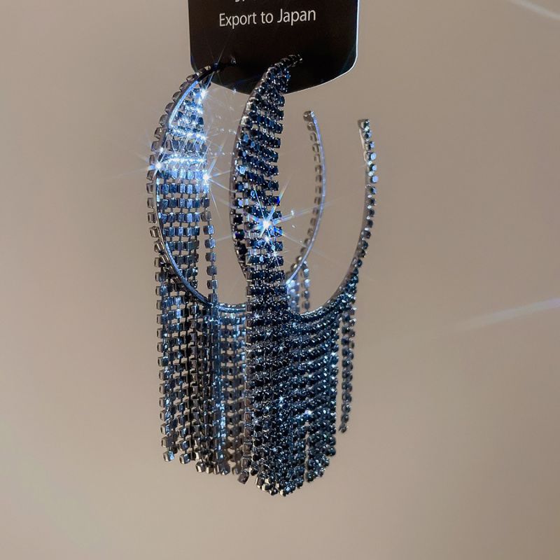 #1 Silver Needle - Silver Diamond-studded Tassel Metal And Diamond Tassel Earrings