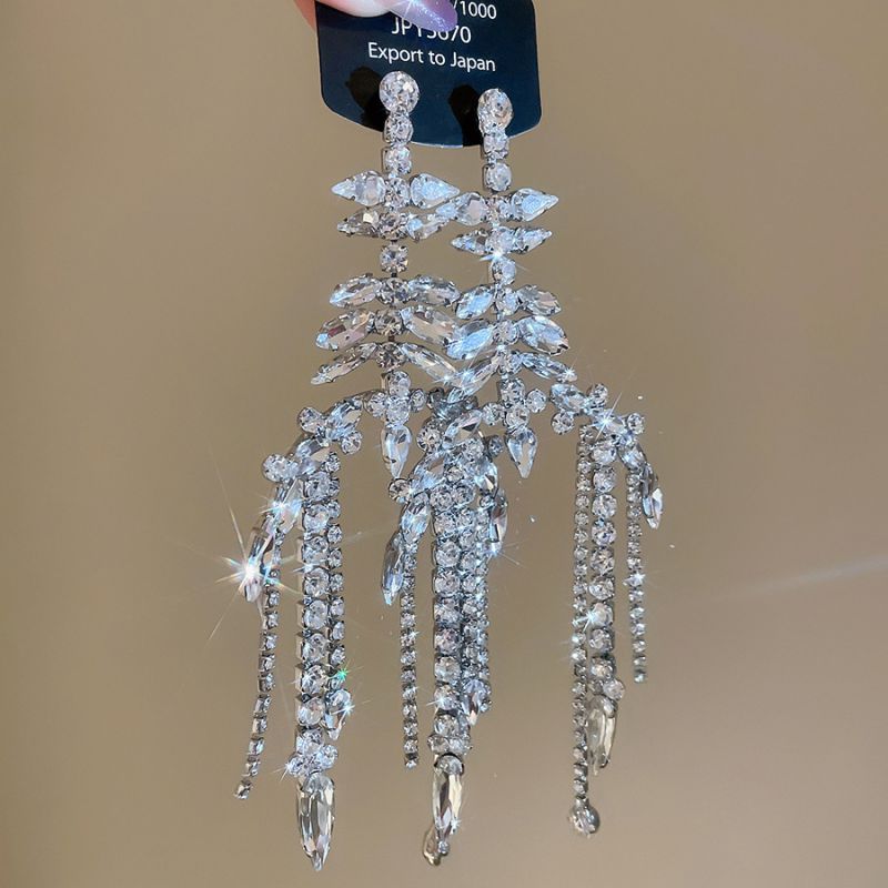 #1 Silver Needle - Silver Diamond-studded Tassel Metal And Diamond Tassel Earrings