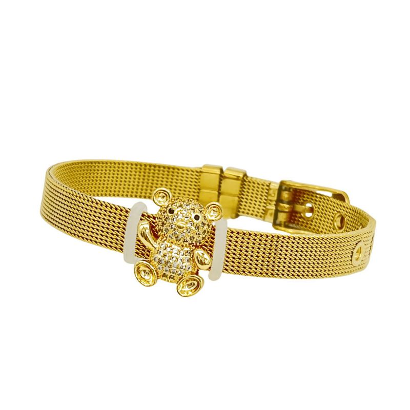 Golden Bear Stainless Steel Diamond-encrusted Bear Watch Strap Bracelet