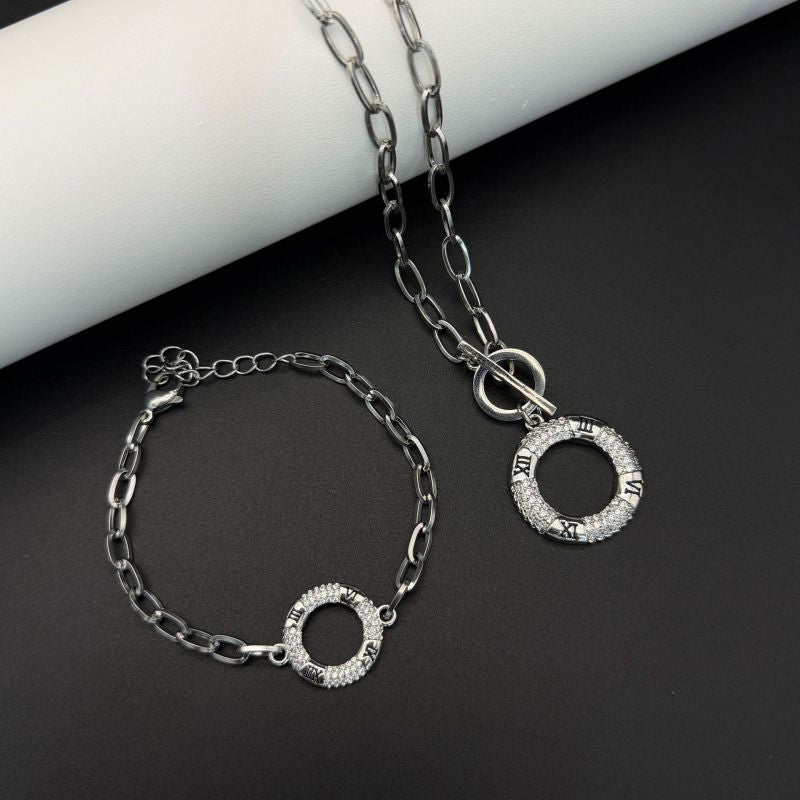 Gold Roulette Ot Buckle Stainless Steel Diamond-encrusted Circular Necklace And Bracelet Set