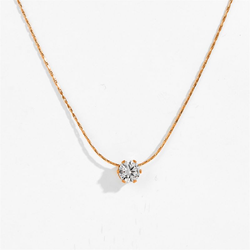 Six-prong Diamond Necklace In Gold Titanium Steel Diamond-encrusted Round Necklace