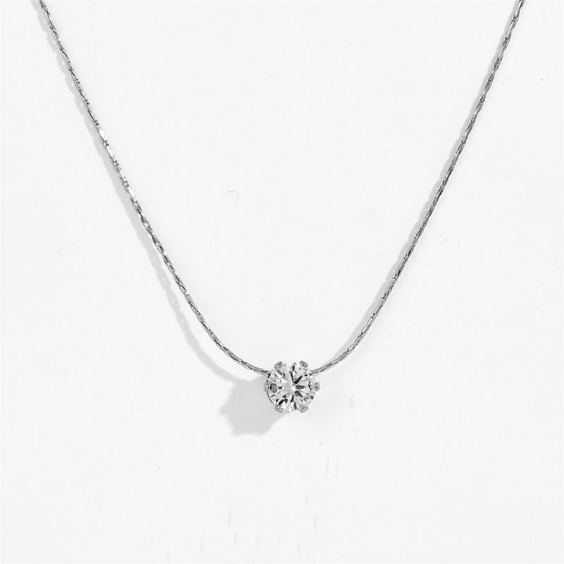 Six-prong Diamond Necklace In Gold Titanium Steel Diamond-encrusted Round Necklace