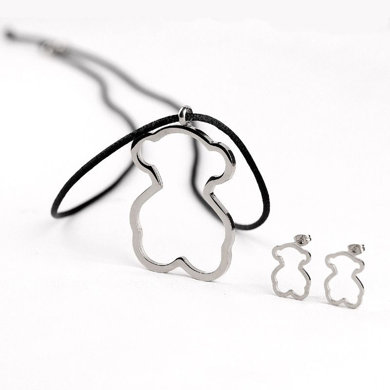 Gold Set 316 Stainless Steel Hollowed-out Bear Necklace And Earring Set