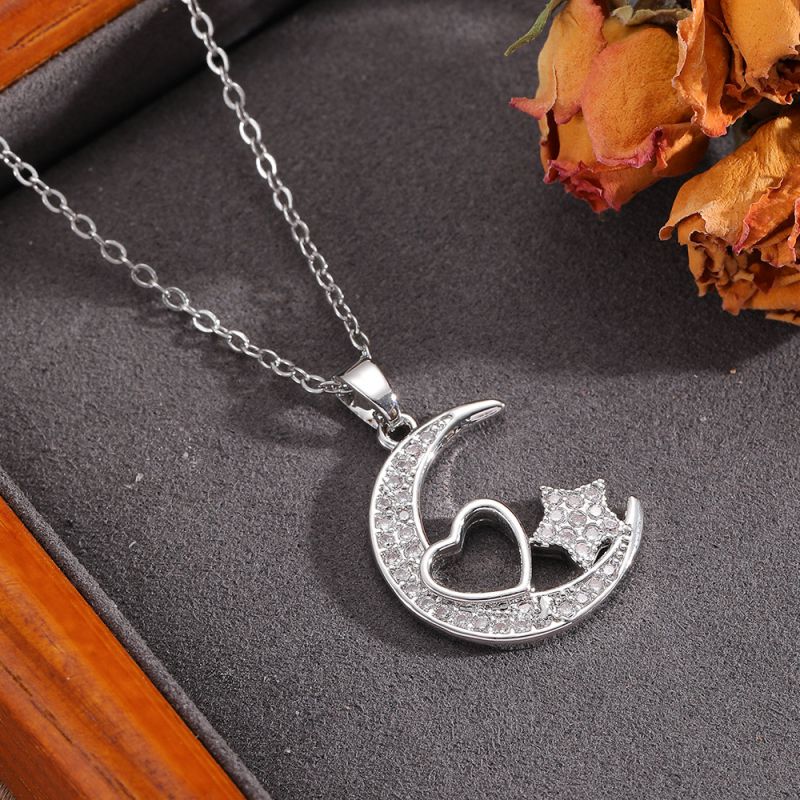 Necklace #2 304 Stainless Steel Diamond-encrusted Heart And Moon Necklace