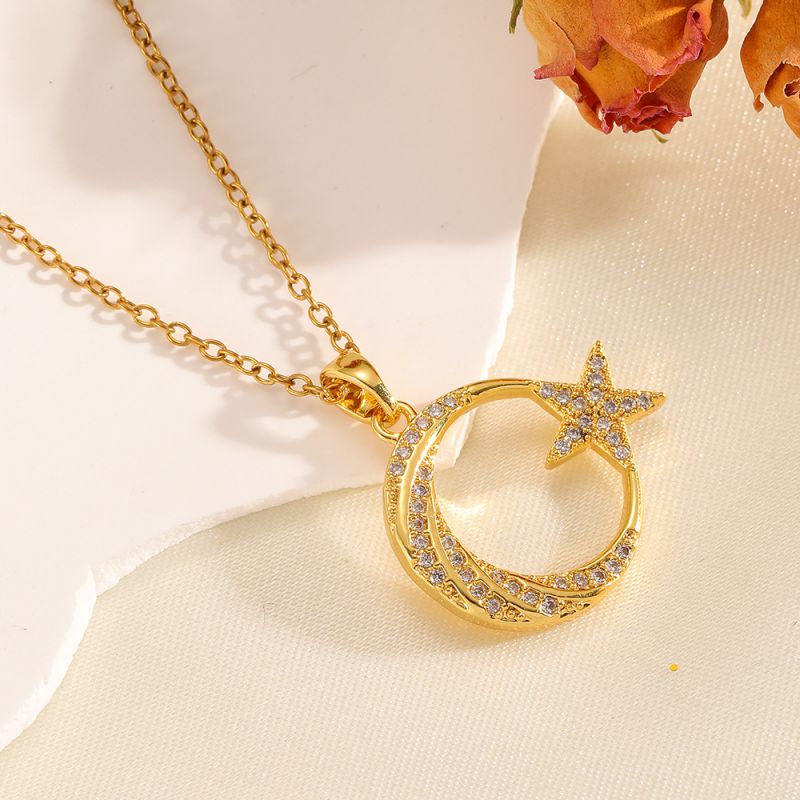 Necklace #2 304 Stainless Steel Diamond-encrusted Heart And Moon Necklace