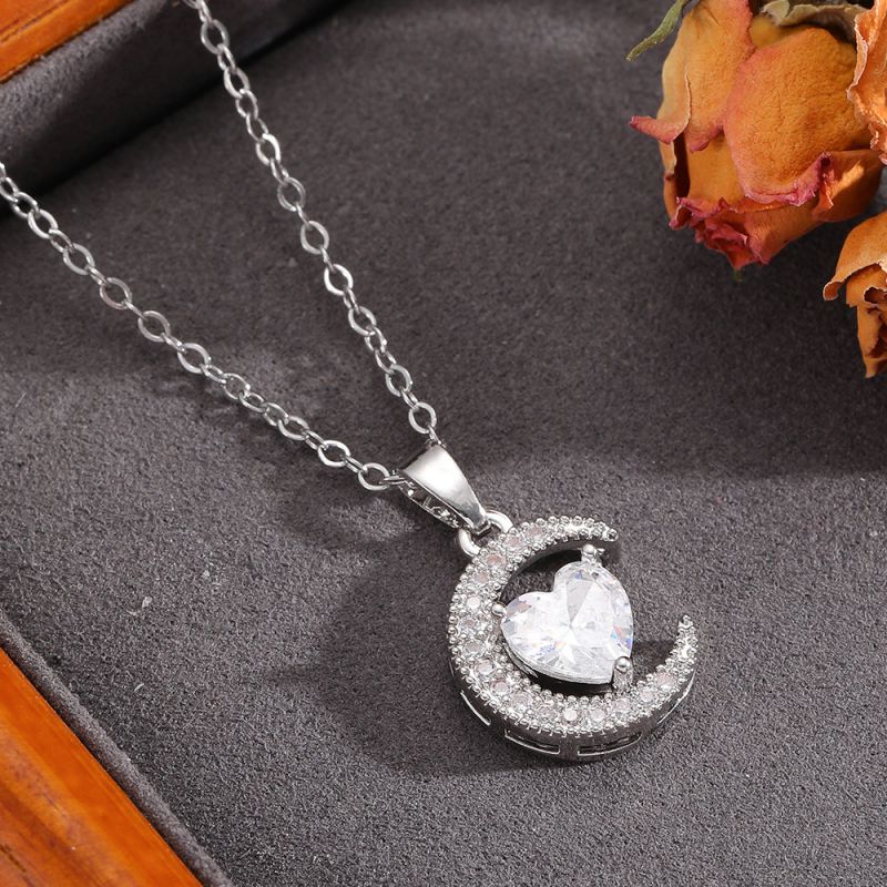 Necklace #2 304 Stainless Steel Diamond-encrusted Heart And Moon Necklace