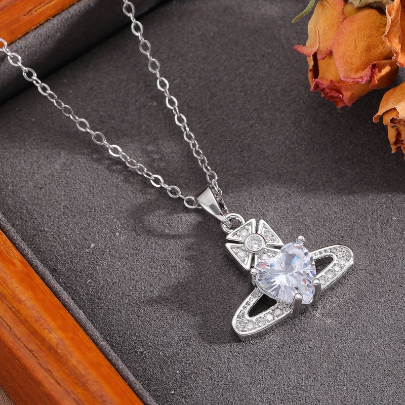Necklace #2 304 Stainless Steel Diamond-encrusted Heart And Moon Necklace