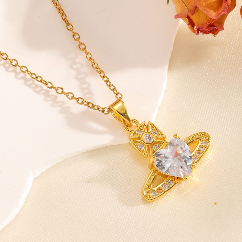 Necklace #2 304 Stainless Steel Diamond-encrusted Heart And Moon Necklace