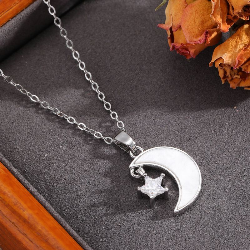 Necklace #2 304 Stainless Steel Diamond-encrusted Heart And Moon Necklace