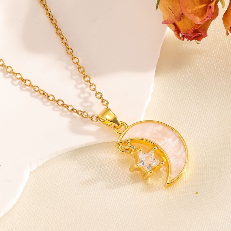 Necklace #2 304 Stainless Steel Diamond-encrusted Heart And Moon Necklace