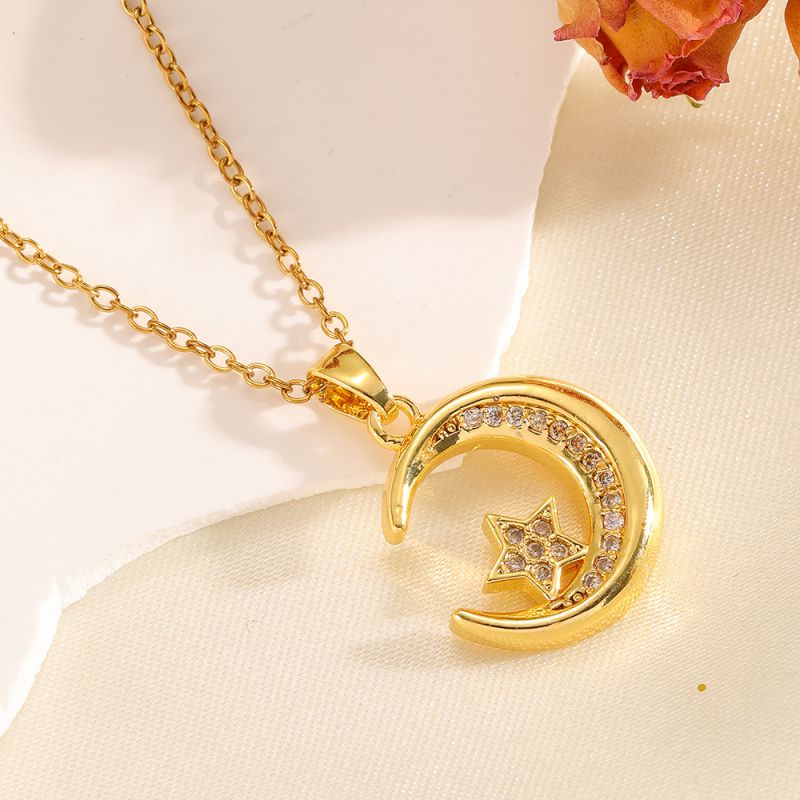 Necklace #2 304 Stainless Steel Diamond-encrusted Heart And Moon Necklace