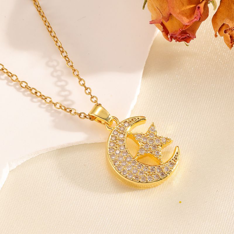 Necklace #2 304 Stainless Steel Diamond-encrusted Heart And Moon Necklace