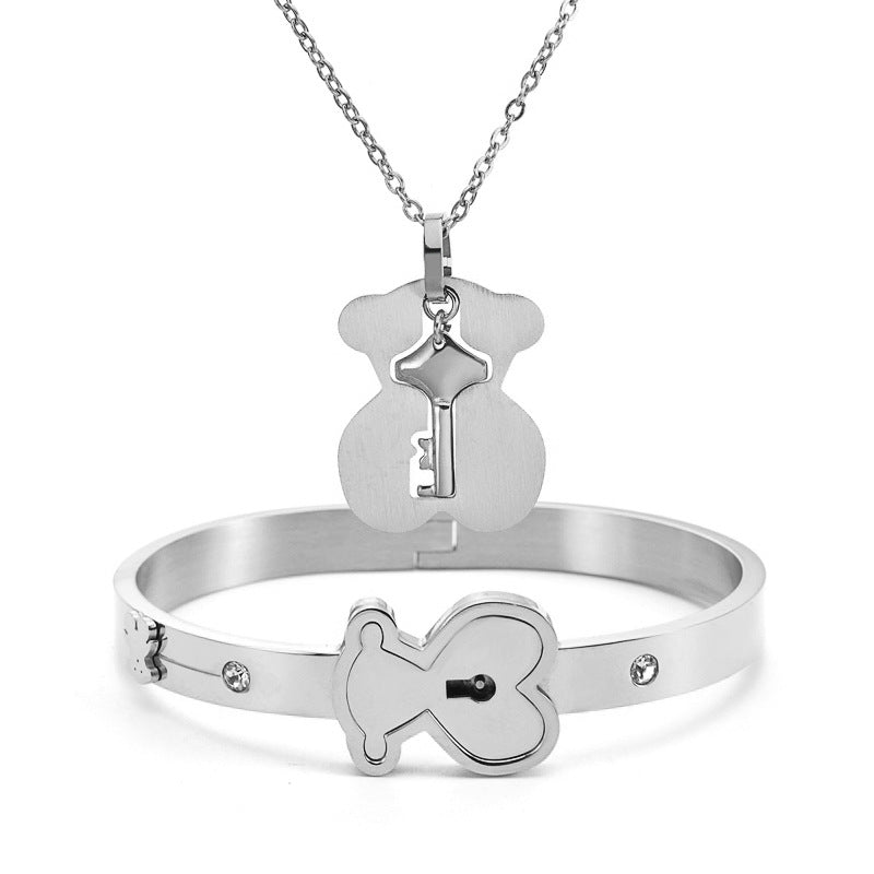 Silver Two-piece Set Stainless Steel Bear Lock Bracelet Necklace Set