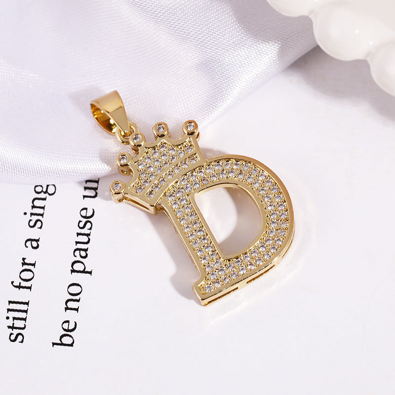 A (single Pendant) Gold Brass And Diamond-encrusted Crown Pendant With The Letters 26 (without Chain)