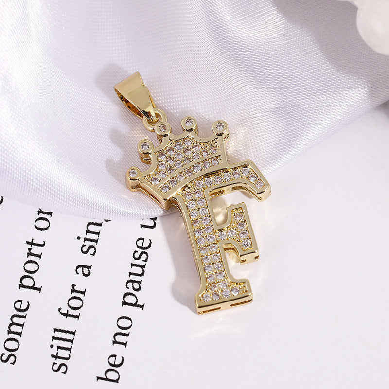 A (single Pendant) Gold Brass And Diamond-encrusted Crown Pendant With The Letters 26 (without Chain)