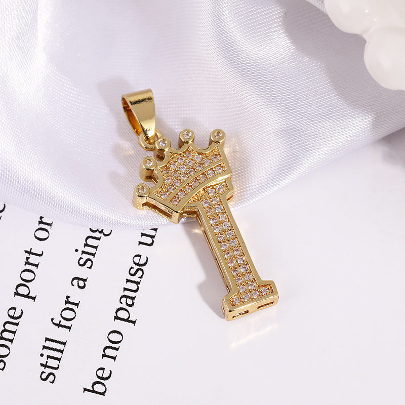 A (single Pendant) Gold Brass And Diamond-encrusted Crown Pendant With The Letters 26 (without Chain)