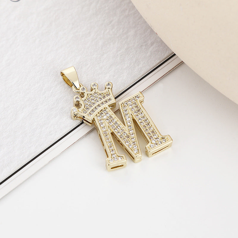 A (single Pendant) Gold Brass And Diamond-encrusted Crown Pendant With The Letters 26 (without Chain)
