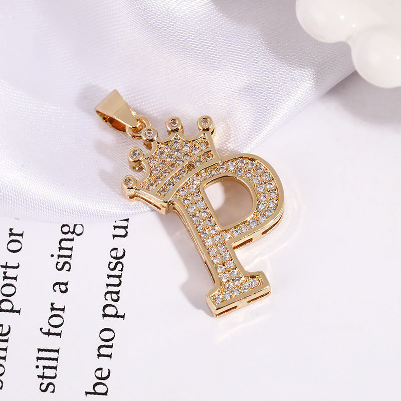 A (single Pendant) Gold Brass And Diamond-encrusted Crown Pendant With The Letters 26 (without Chain)