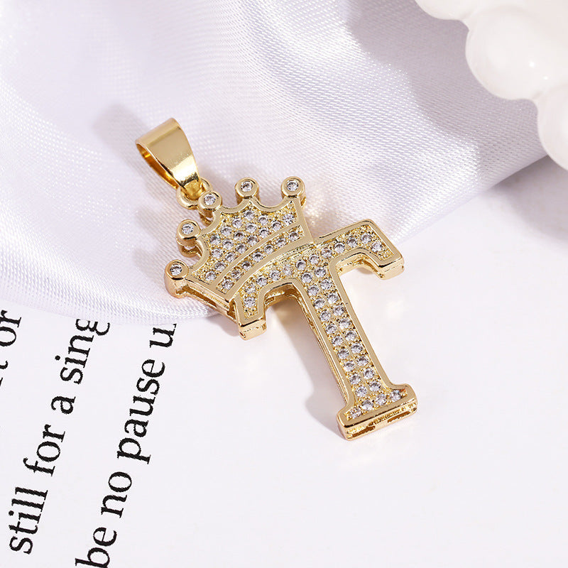 A (single Pendant) Gold Brass And Diamond-encrusted Crown Pendant With The Letters 26 (without Chain)