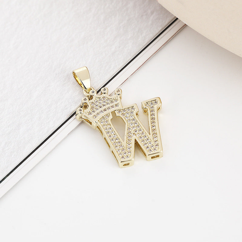 A (single Pendant) Gold Brass And Diamond-encrusted Crown Pendant With The Letters 26 (without Chain)