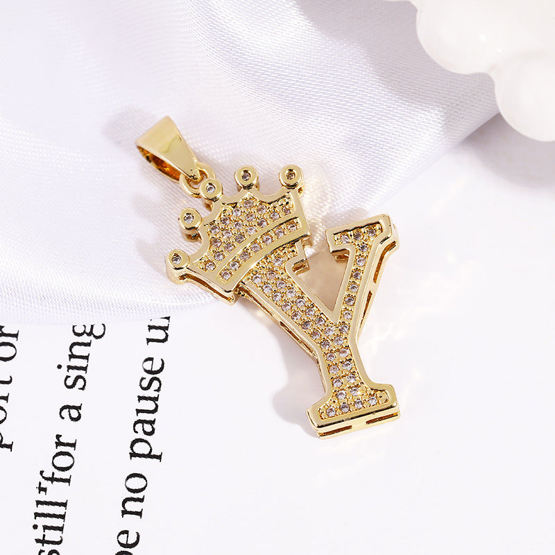 A (single Pendant) Gold Brass And Diamond-encrusted Crown Pendant With The Letters 26 (without Chain)