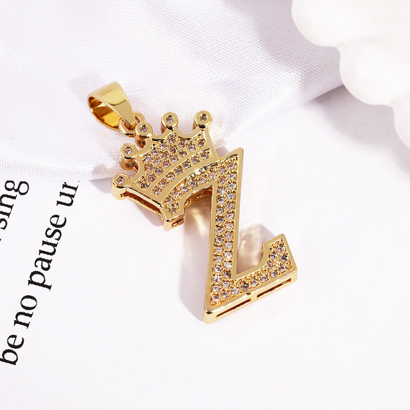 A (single Pendant) Gold Brass And Diamond-encrusted Crown Pendant With The Letters 26 (without Chain)