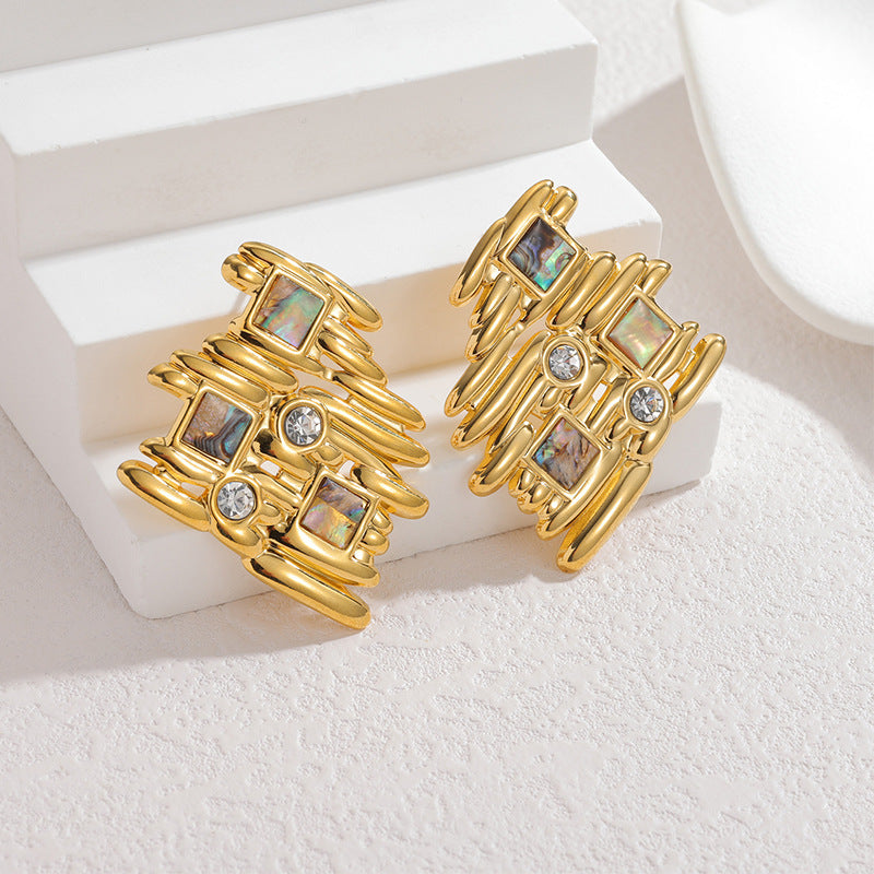 Abalone Stainless Steel Diamond-encrusted Irregular Earrings