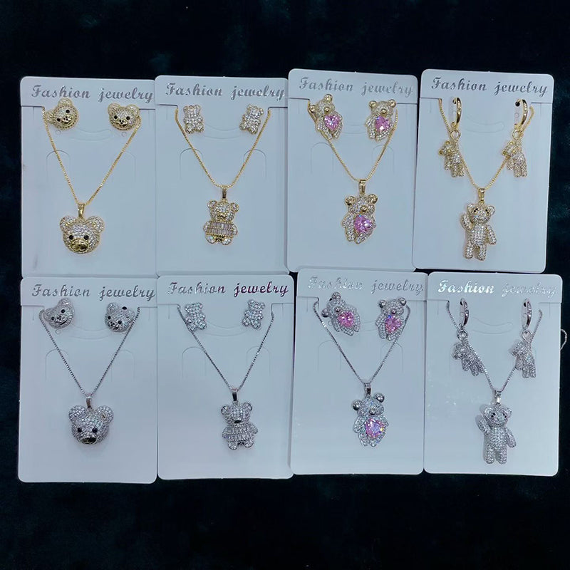 B Copper And Diamond-encrusted Bear Necklace And Earring Set