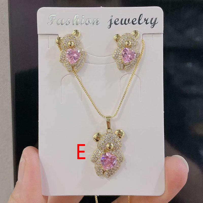 B Copper And Diamond-encrusted Bear Necklace And Earring Set